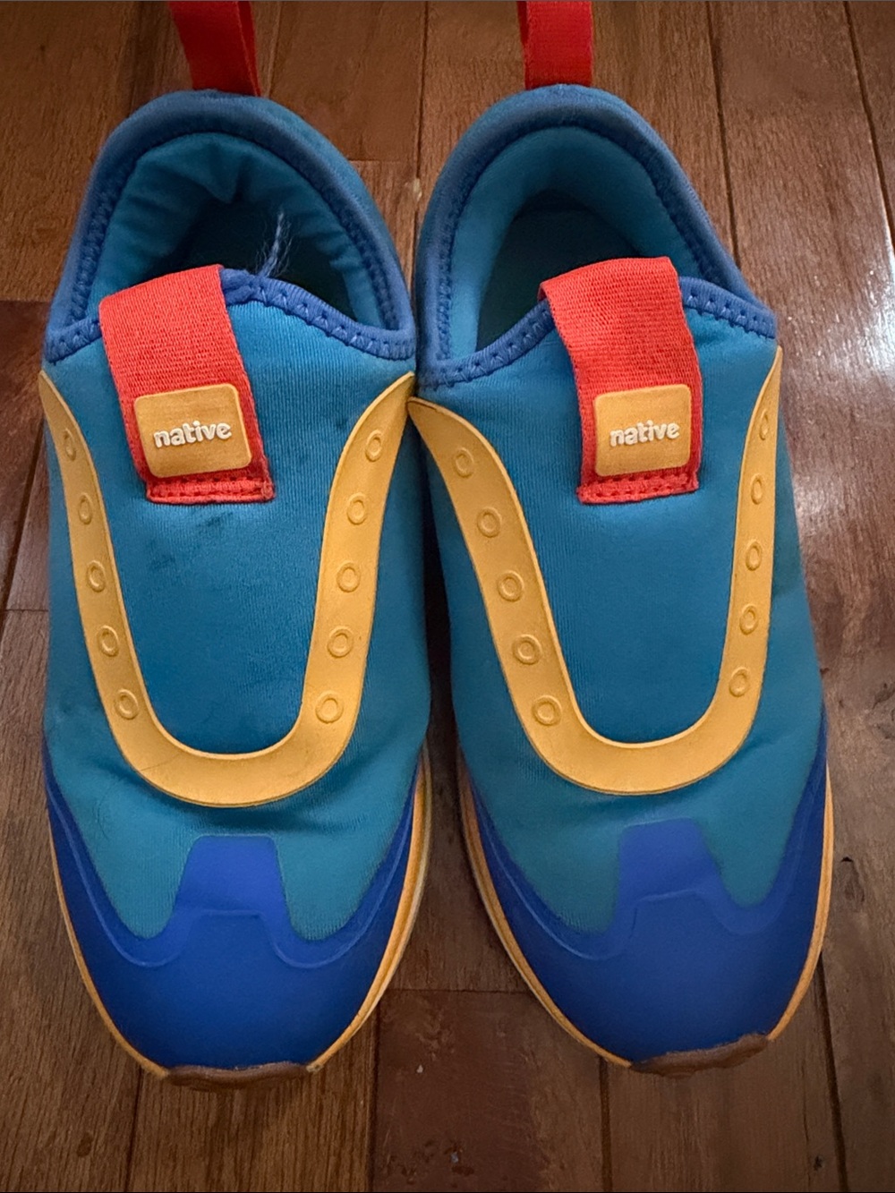 Native Kids Blue Sneakers with Yellow Trim and Red Pull Tabs